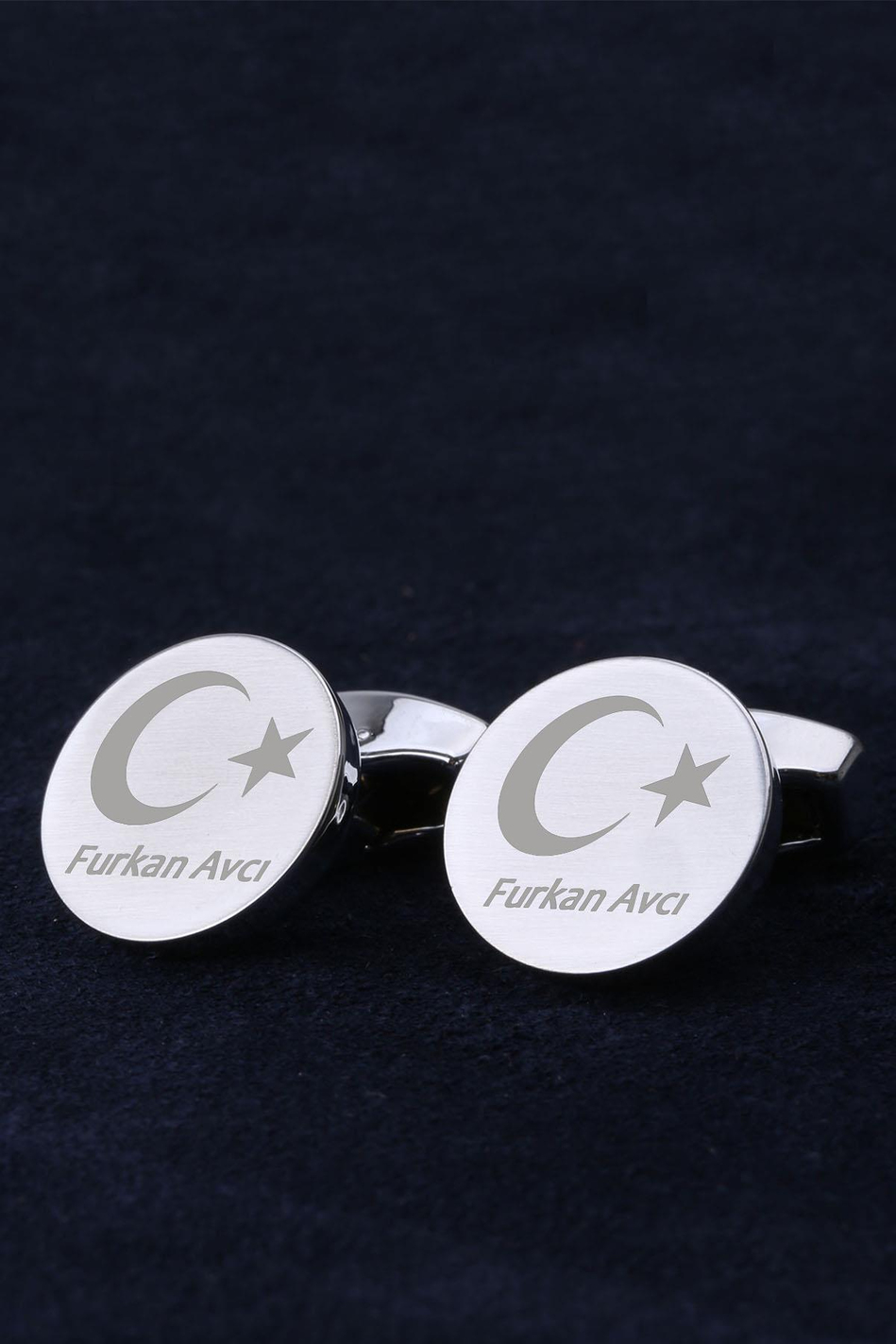 İsme Özel Ay Yıldız Erkeğe Hediye Gümüş Renk Kol Düğmesi