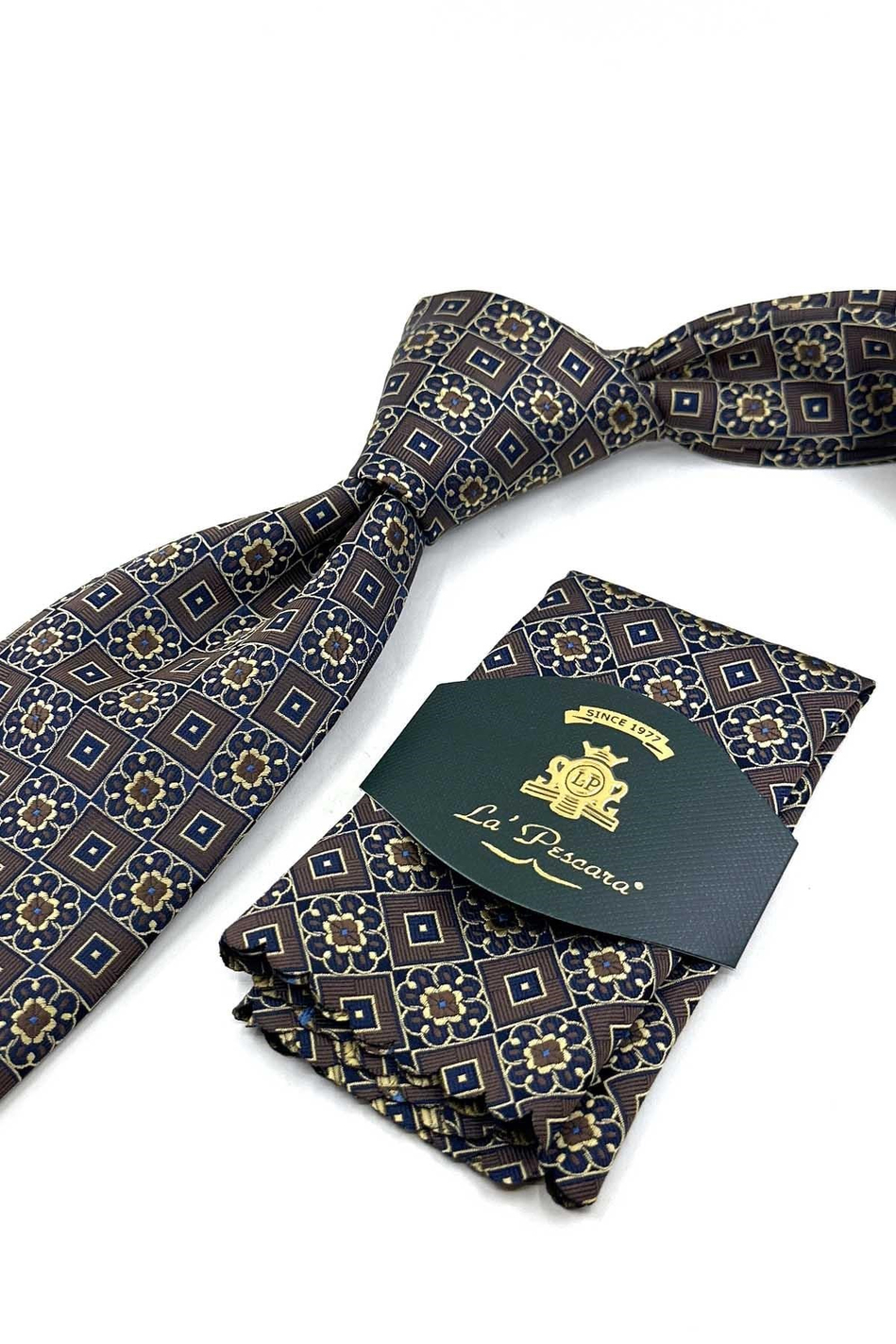 Kahve Lacivert Motif Desen Mendilli Klasik Kravat KK13953
