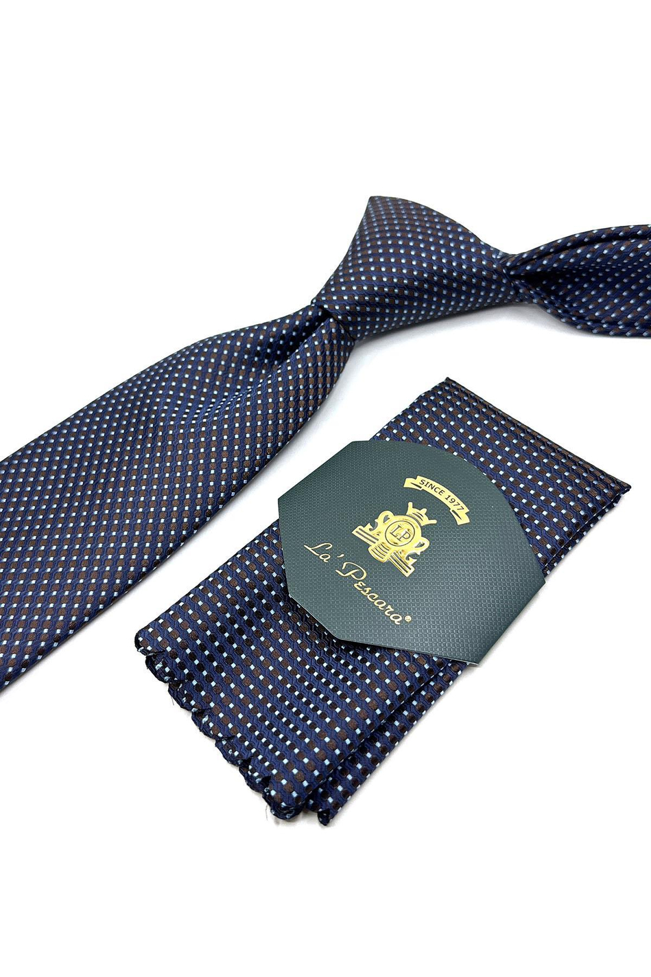 Kahve - Lacivert Nokta Desen Mendilli Klasik Kravat KK11653
