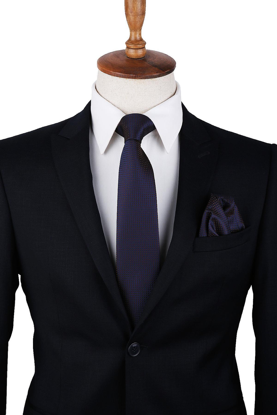 Kahve - Lacivert Nokta Desen Mendilli Klasik Kravat KK10058