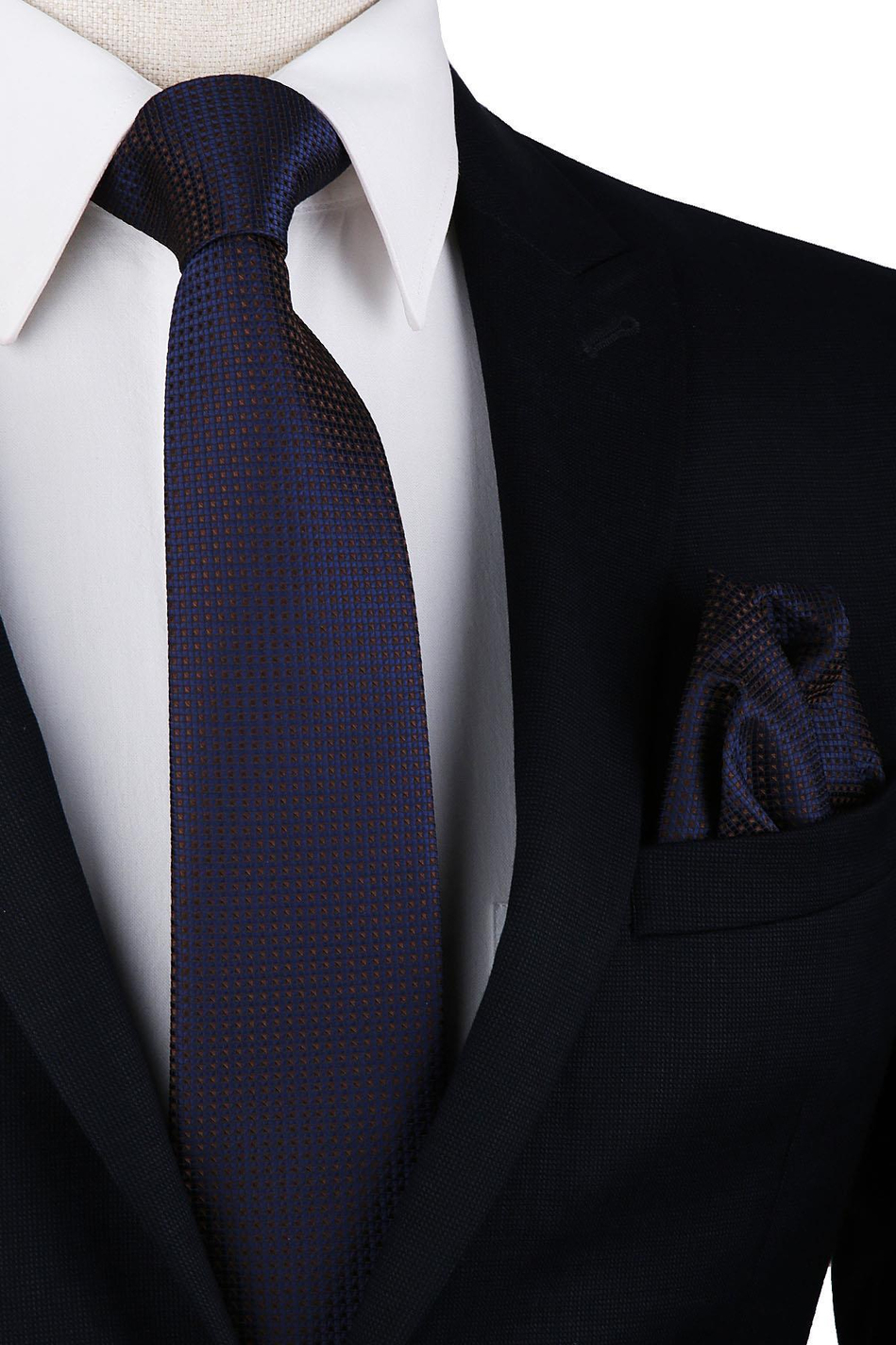 Kahve - Lacivert Nokta Desen Mendilli Klasik Kravat KK10058