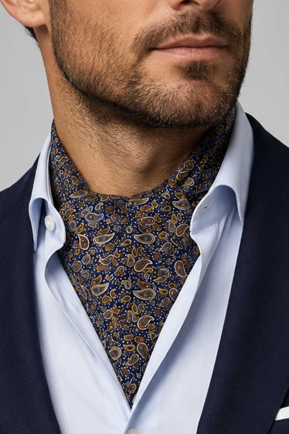 Kahve Lacivert Şal Desen İtalyan İpek Ascot Kravat SAC141