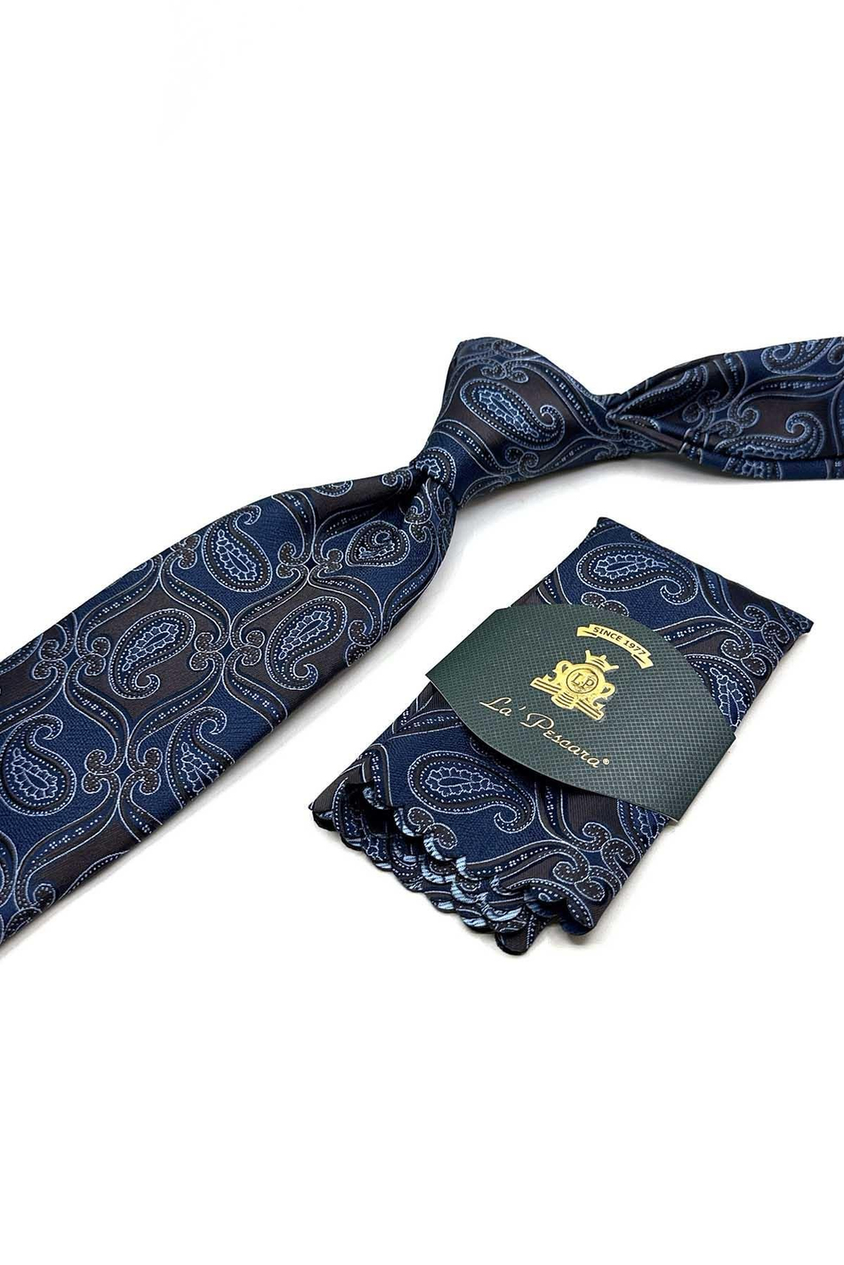 Kahve - Lacivert Şal Desen Mendilli Klasik Kravat KK12887