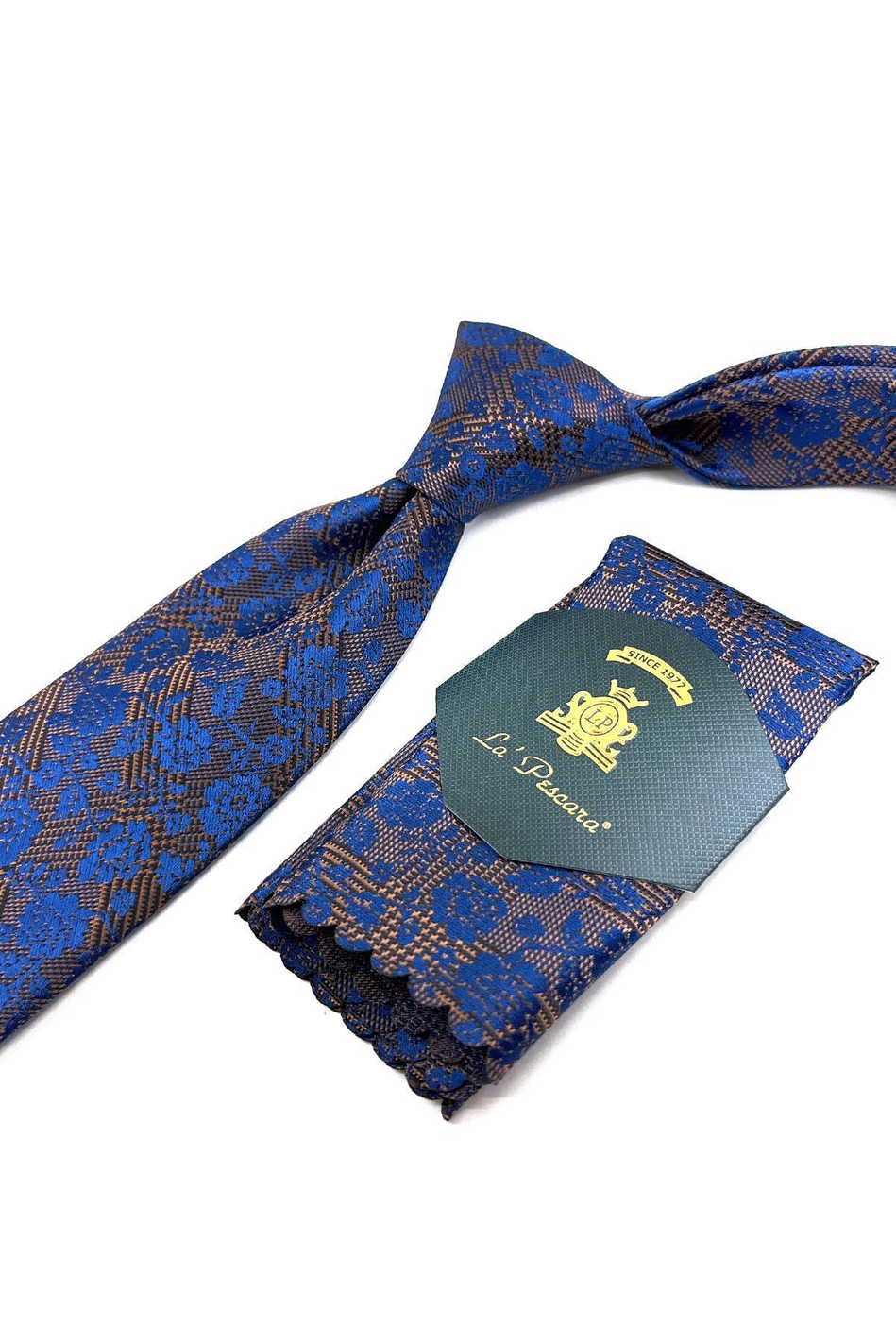 Kahve - Mavi Çiçek Desen Mendilli Klasik Kravat KK11180