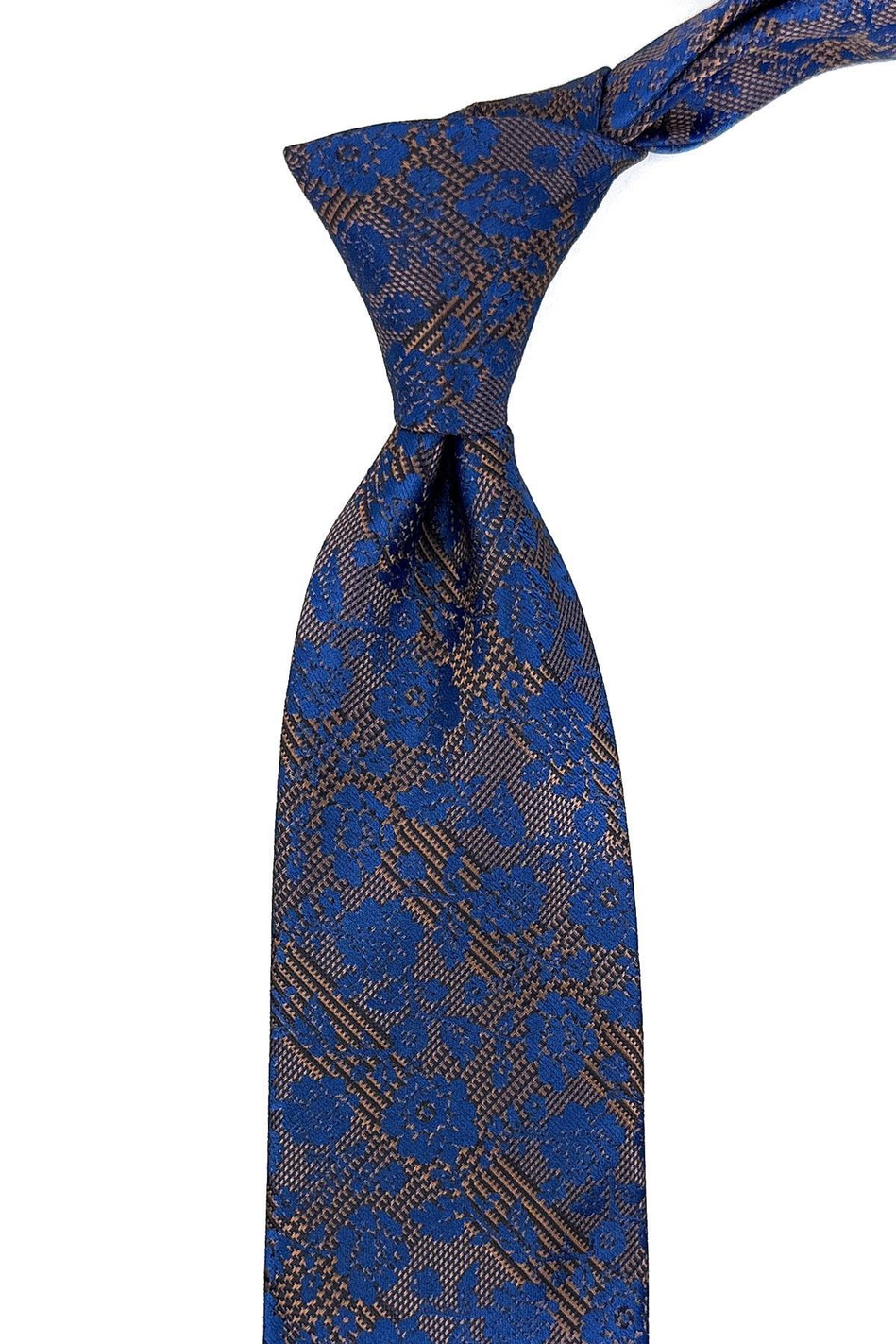 Kahve - Mavi Çiçek Desen Mendilli Klasik Kravat KK11180