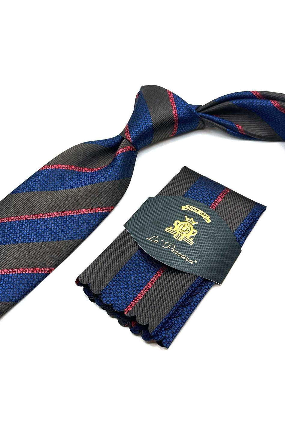 Kahve - Mavi Çizgi Desen Mendilli Klasik Kravat KK13107