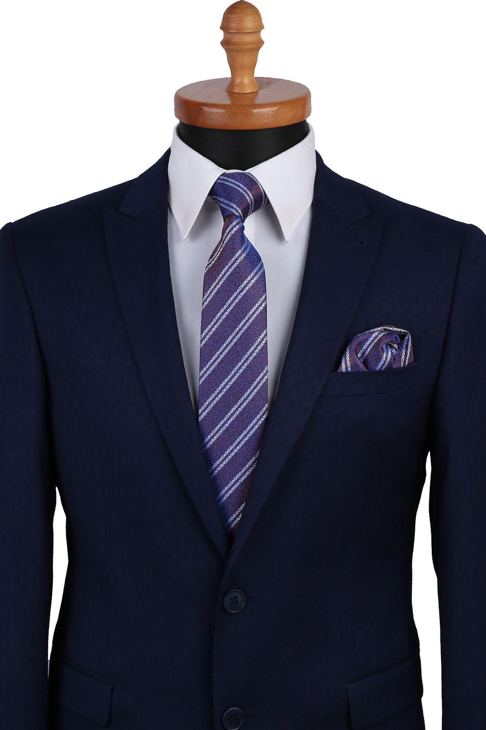 Kahve - Mavi Çizgi Desen Mendilli Klasik Kravat KK9463