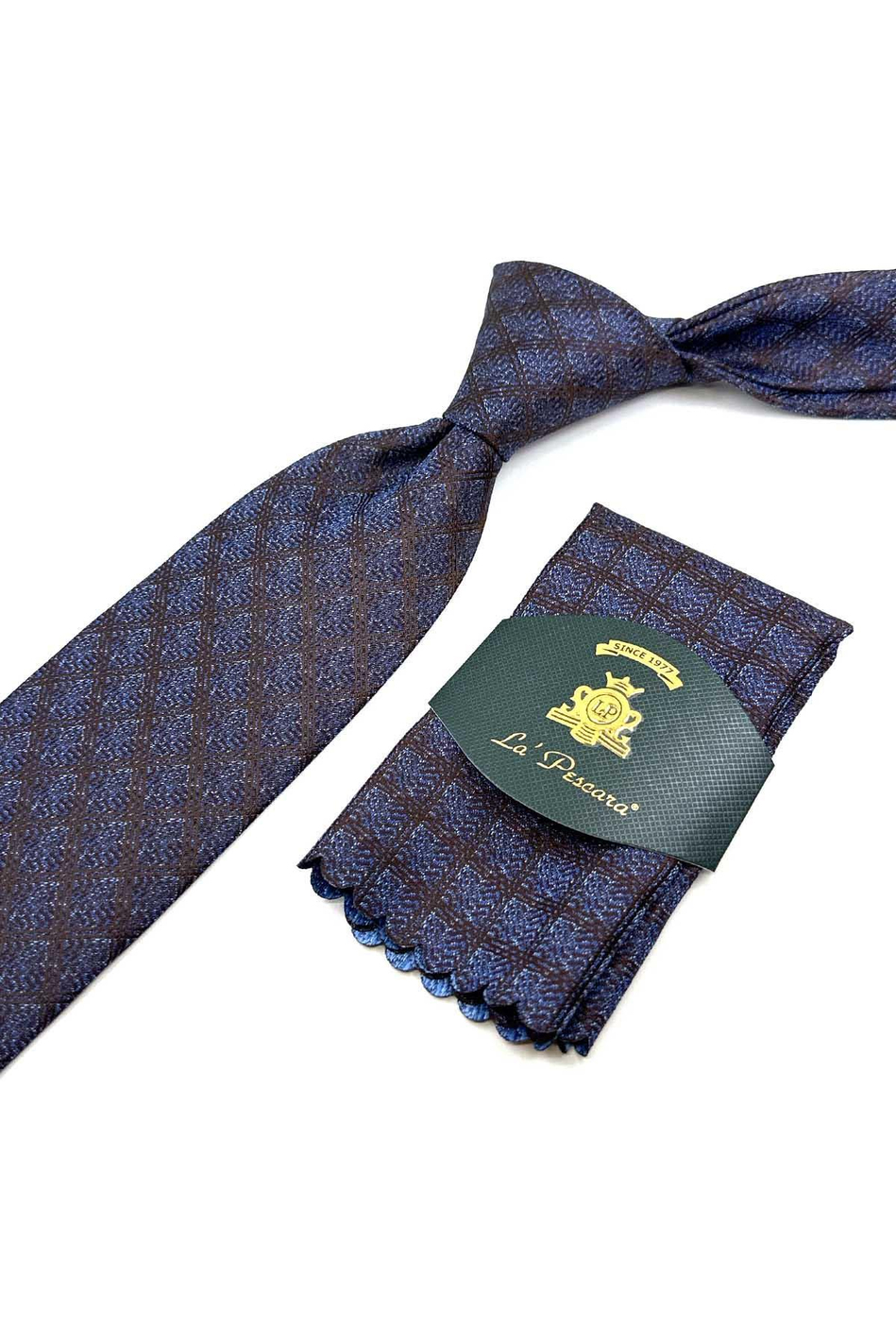 Kahve - Mavi Kare Desen Mendilli Klasik Kravat KK12487