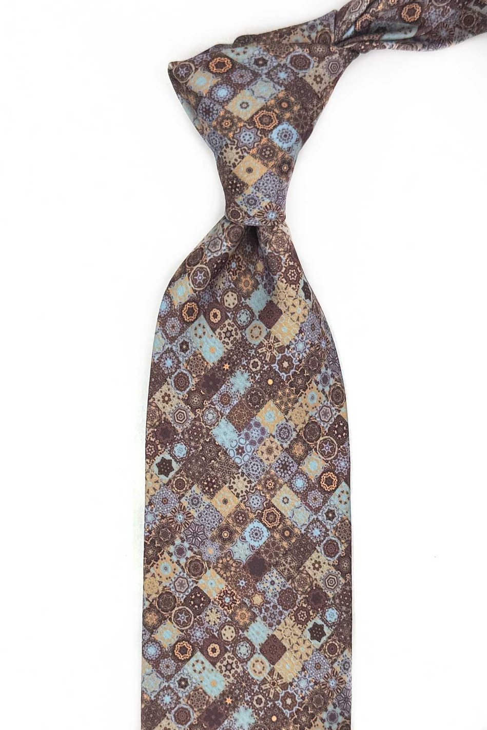 Kahve - Mavi Motif Desen Baskılı Mendilli Klasik Kravat KK13341