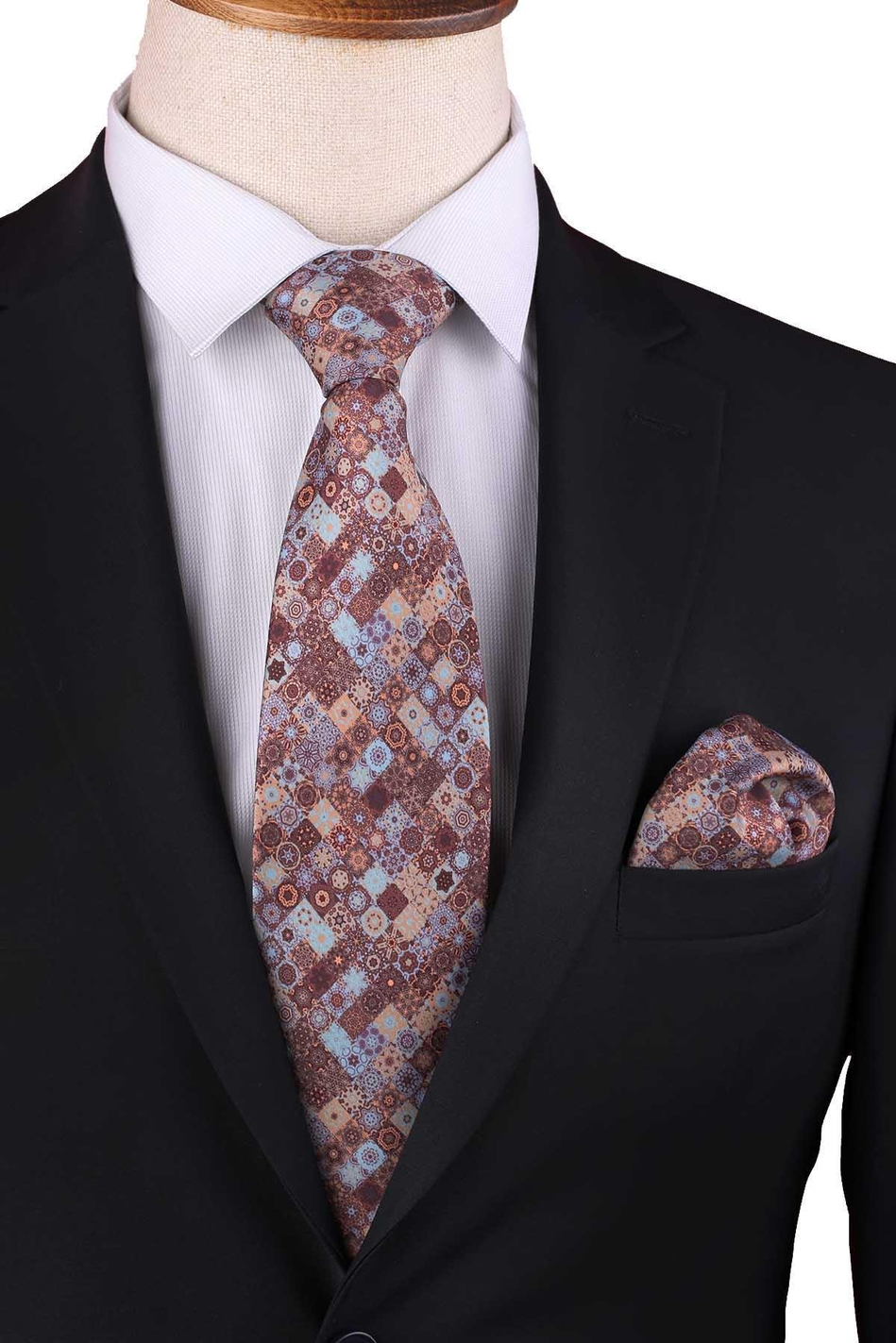 Kahve - Mavi Motif Desen Baskılı Mendilli Klasik Kravat KK13341