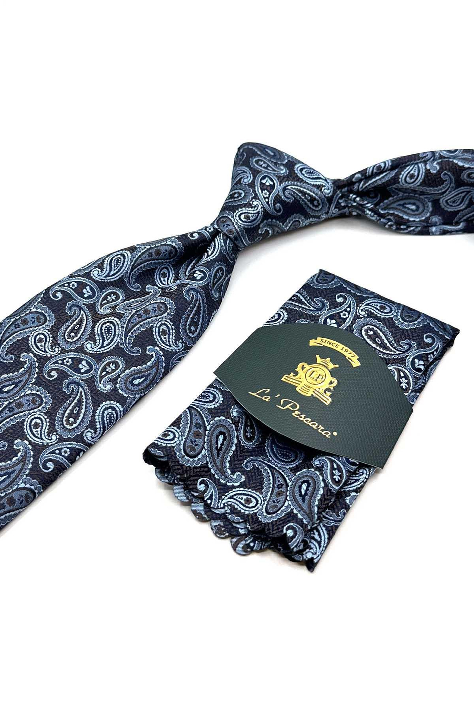 Kahve - Mavi Şal Desen Mendilli Klasik Kravat KK12876