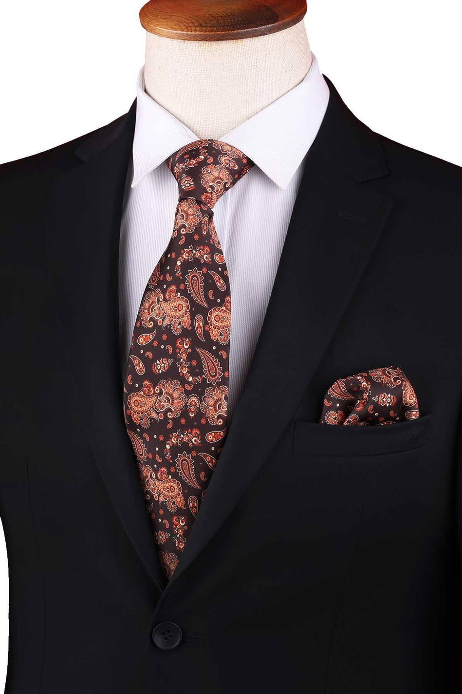 Kahve Şal Desen Baskılı Mendilli Klasik Kravat KK13353