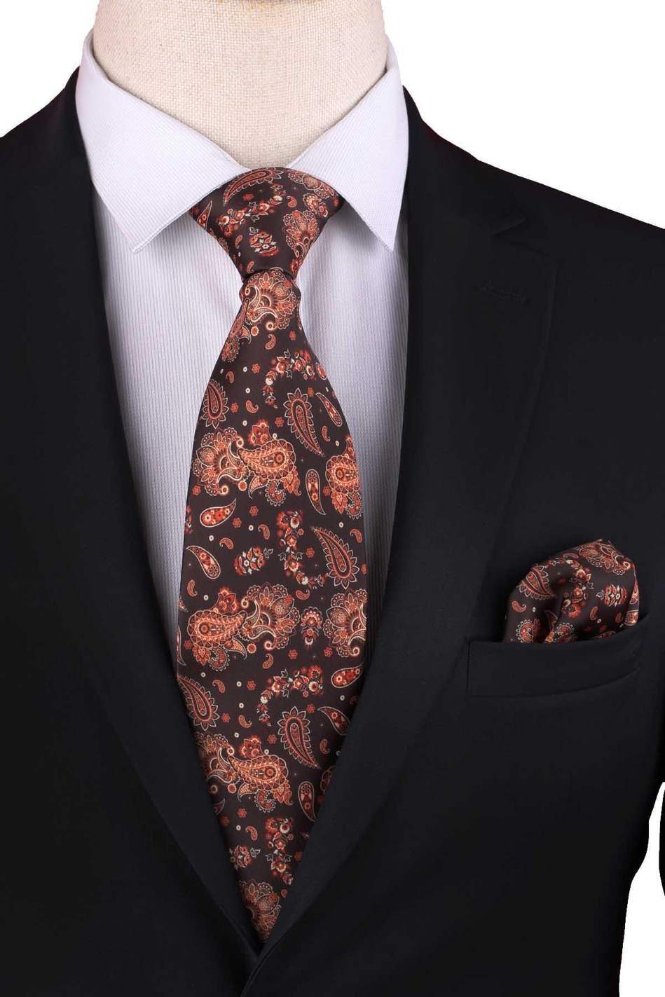 Kahve Şal Desen Baskılı Mendilli Klasik Kravat KK13353