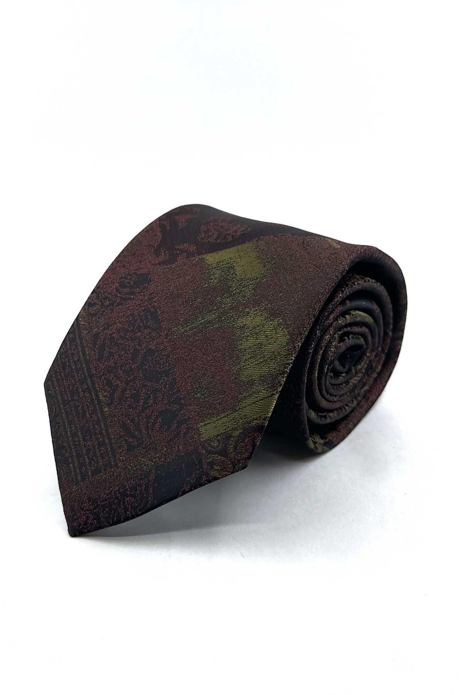 Kahve Yeşil Motif Desen Mendilli Klasik Kravat KK13968