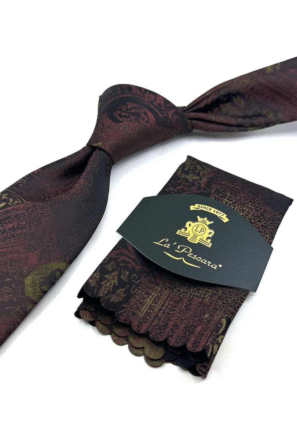 Kahve Yeşil Motif Desen Mendilli Klasik Kravat KK13968