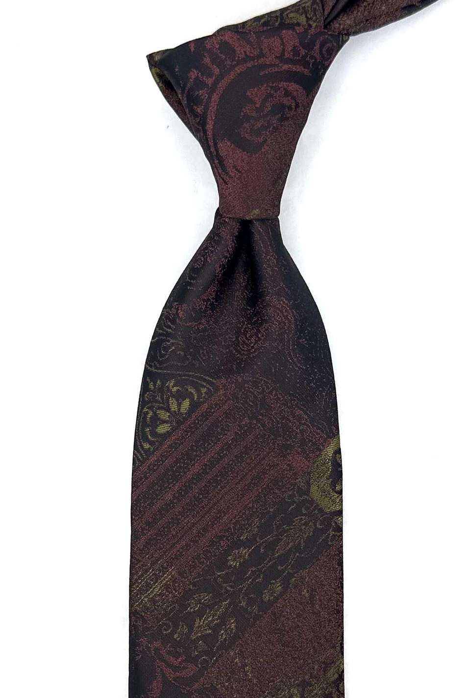 Kahve Yeşil Motif Desen Mendilli Klasik Kravat KK13968