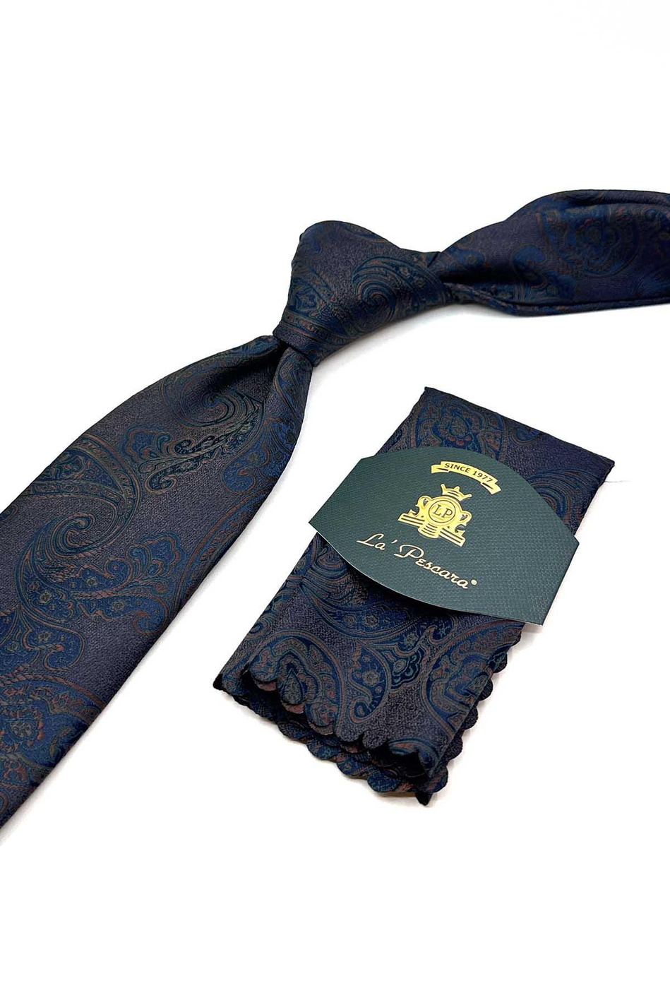 Kahve - Yeşil Şal Desen Mendilli Klasik Kravat KK13051