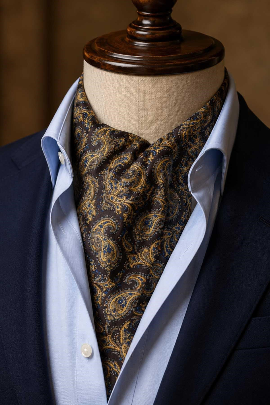 Kahverengi Bej Şal Desen İtalyan İpek Ascot Kravat SAC110