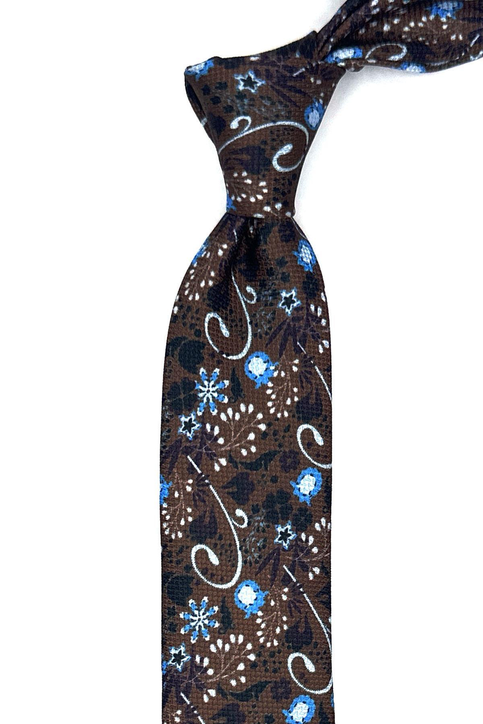 Kahverengi Çiçek Desen İnce Kravat SK7883