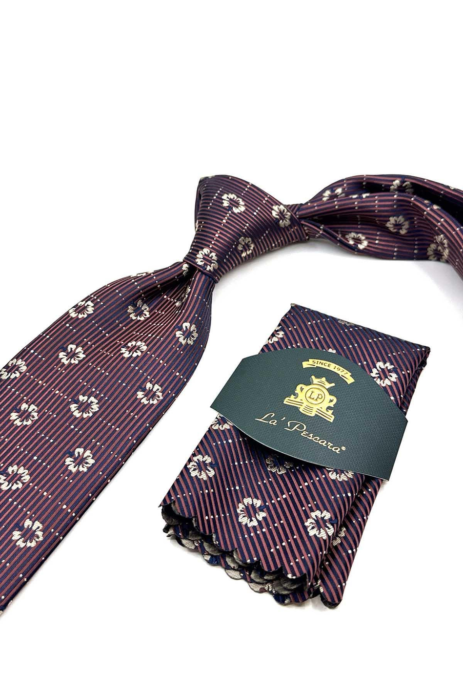 Kahverengi Çiçek Desen Mendilli Klasik Kravat KK13019