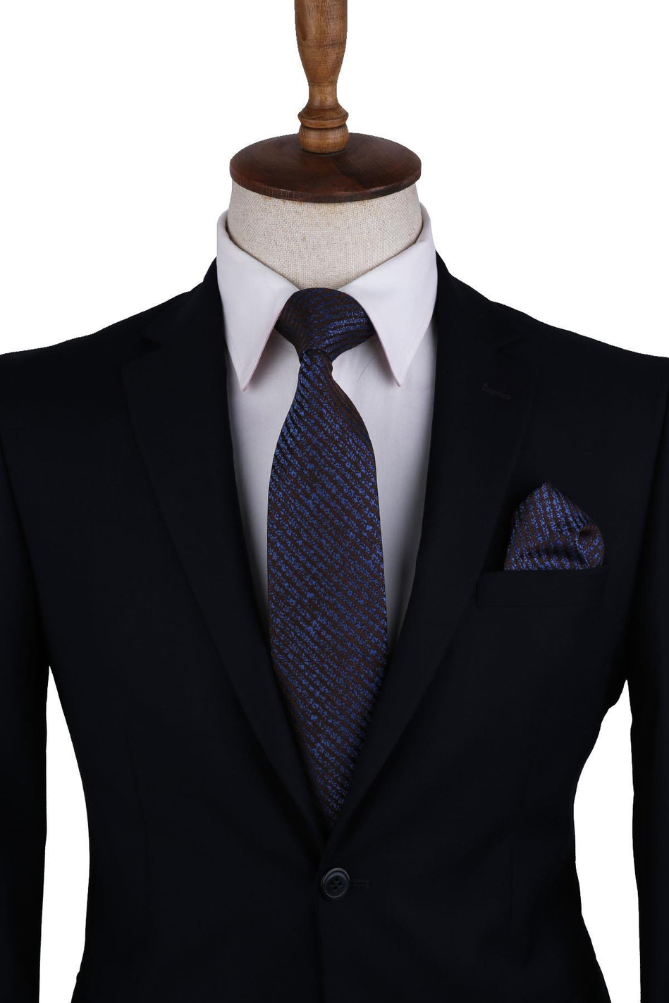 Kahverengi Çizgi Desen Mendilli Klasik Kravat KK10550