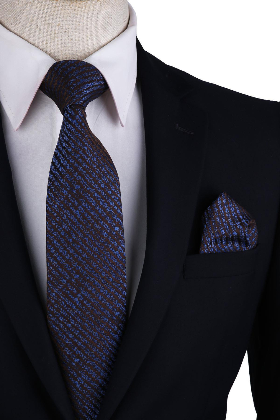 Kahverengi Çizgi Desen Mendilli Klasik Kravat KK10550