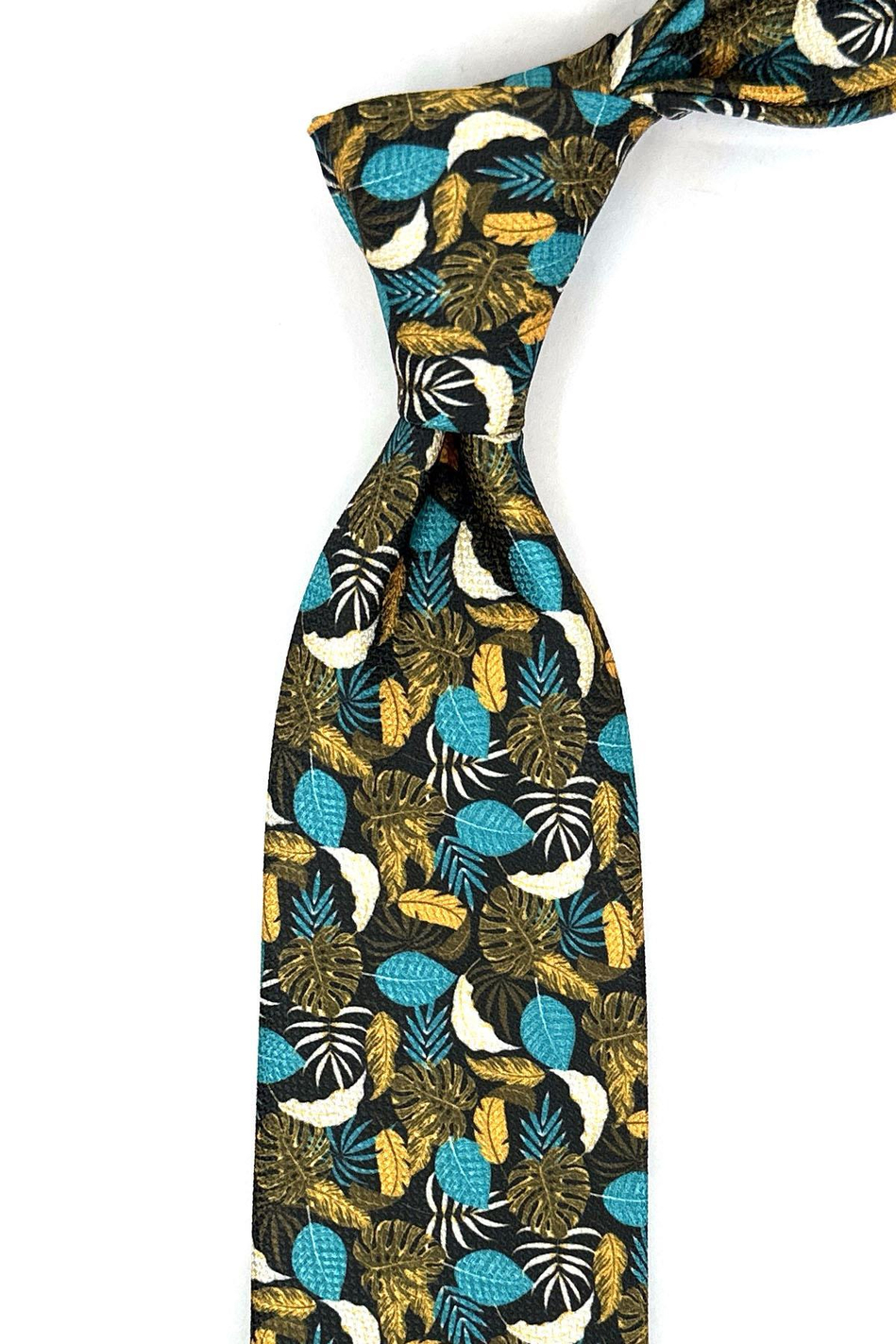 Kahverengi - Çok Renkli Yaprak Desen Mendilli Klasik Kravat KK11942