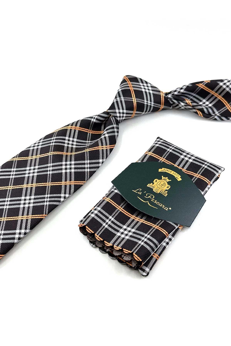 Kahverengi Ekose Desen Mendilli Klasik Kravat KK13202