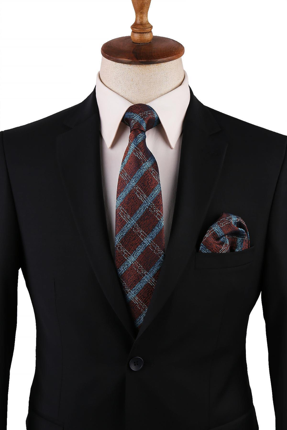 Kahverengi Ekose Desen Mendilli Klasik Kravat KK10756