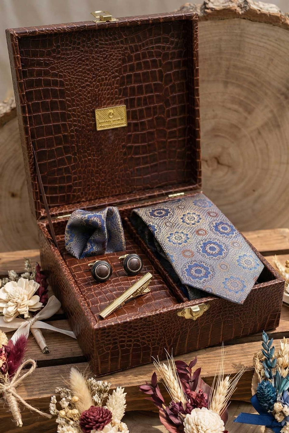 Kahverengi Erkek Hediye Kutusu - Kravat Kol Düğmesi Kravat İğnesi KMK125