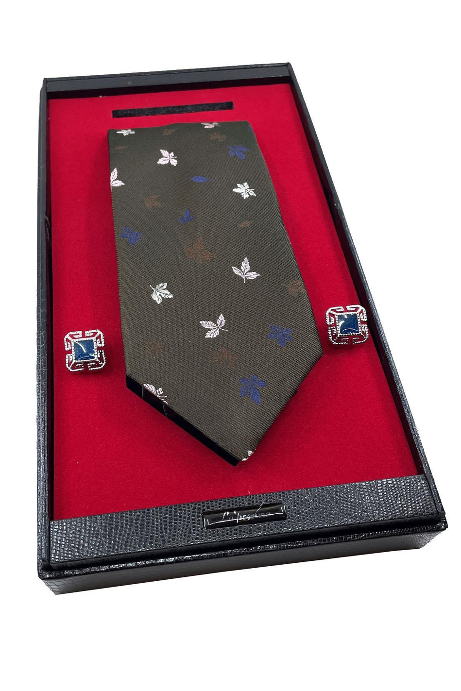 Kahverengi İtalyan İpek Kravat Çelik Kol Düğmesi Erkek Hediye Seti SKS
