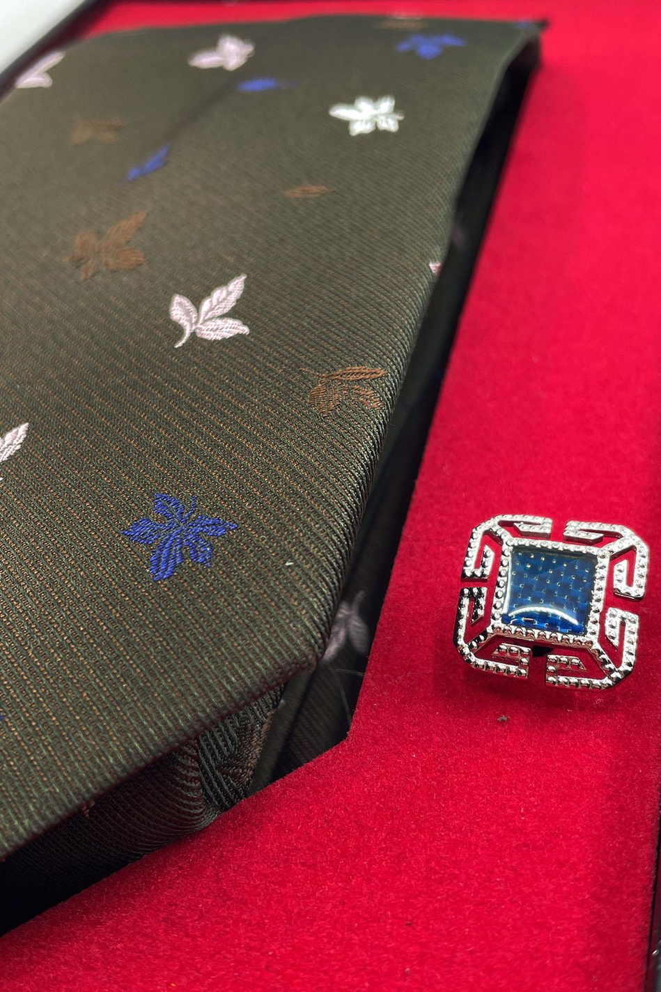 Kahverengi İtalyan İpek Kravat Çelik Kol Düğmesi Erkek Hediye Seti SKS