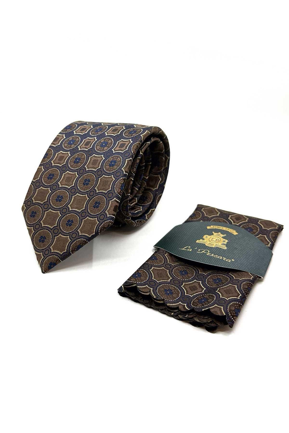 Kahverengi Motif Desen Mendilli Klasik Kravat KK12951