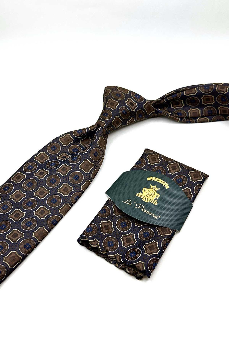 Kahverengi Motif Desen Mendilli Klasik Kravat KK12951