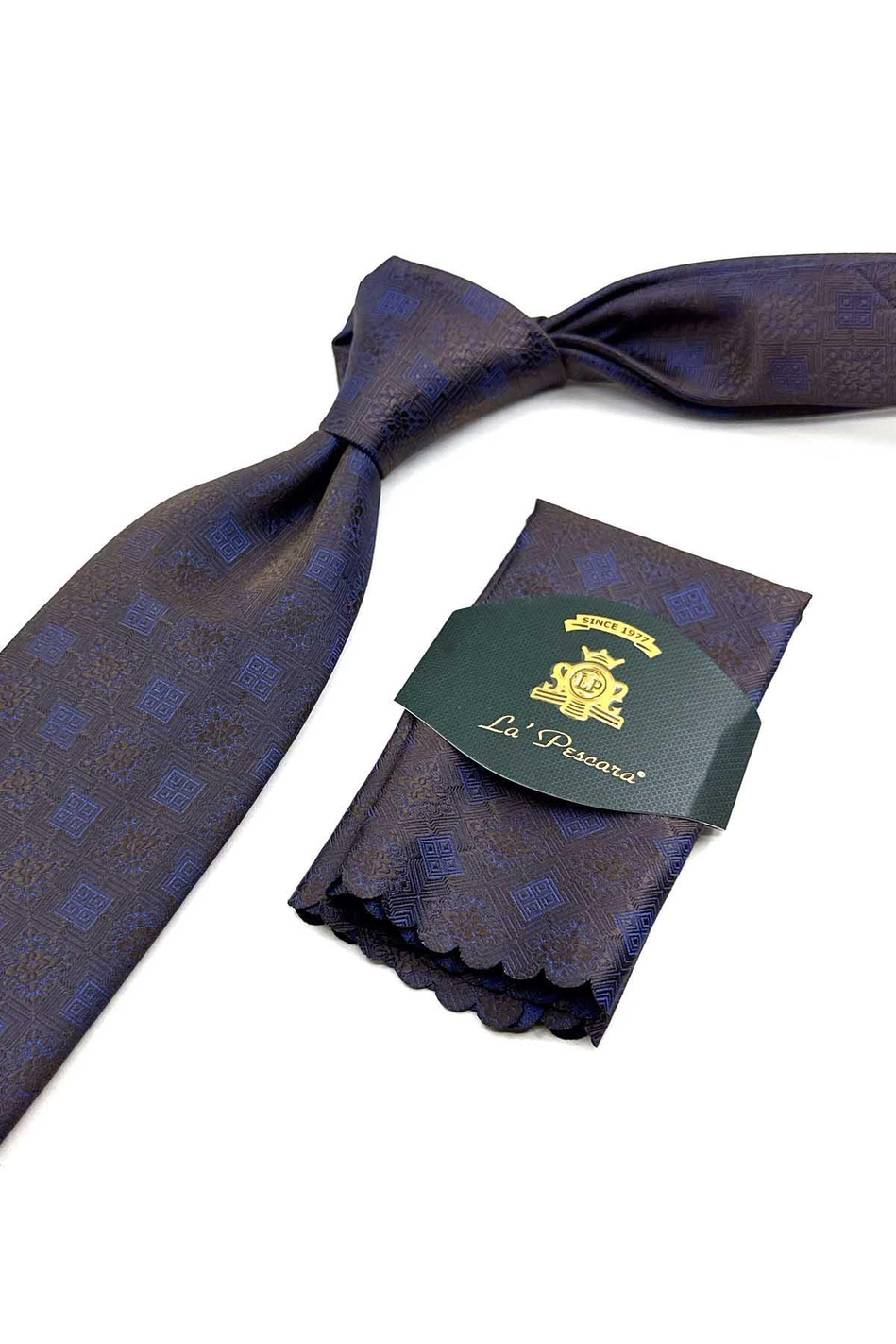 Kahverengi Motif Desen Mendilli Klasik Kravat KK12547