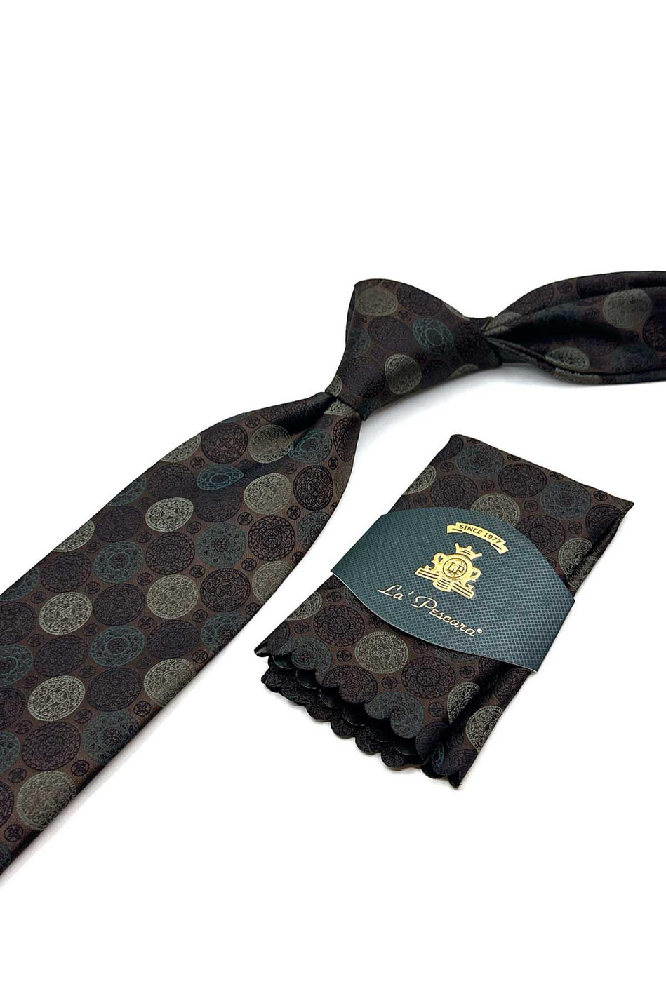 Kahverengi Puantiye Desen Mendilli Klasik Kravat KK12996