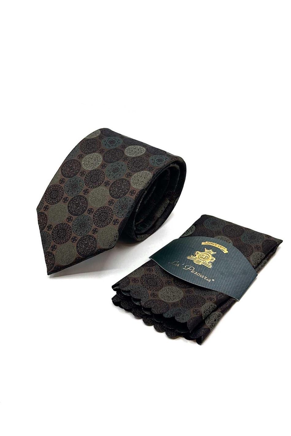 Kahverengi Puantiye Desen Mendilli Klasik Kravat KK12996