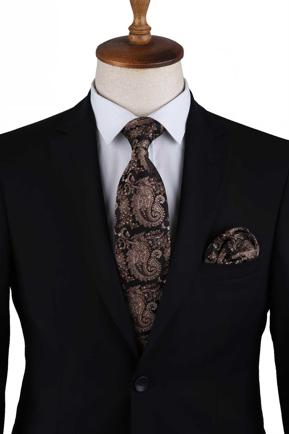 Kahverengi Şal Desen Mendilli Klasik Kravat KK13121