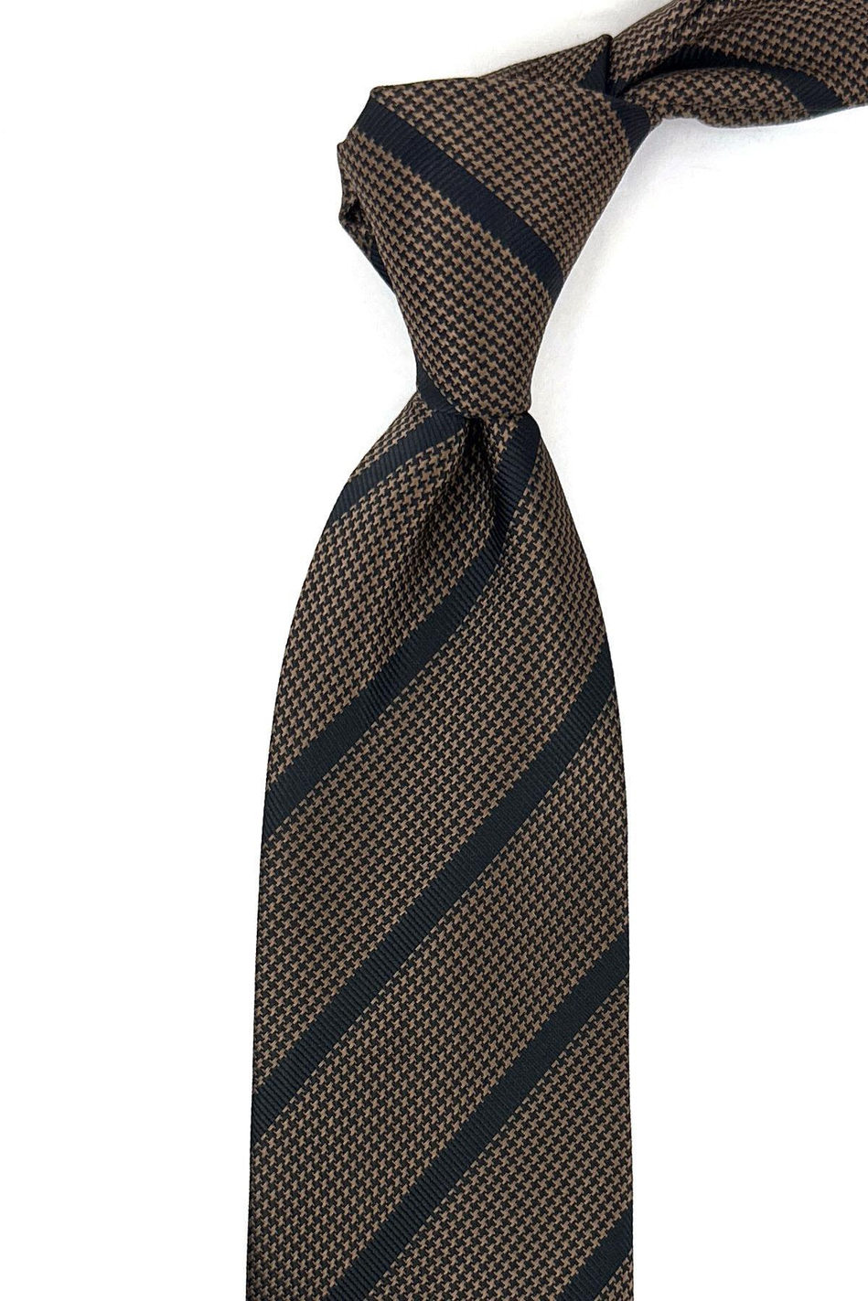 Kahverengi - Siyah Çizgi Desen Mendilli Klasik Kravat KK12041