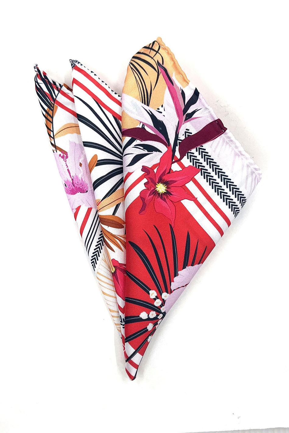 Kırmızı - Beyaz Kare Çiçek Desen Erkek Cep Mendili SPS557-45