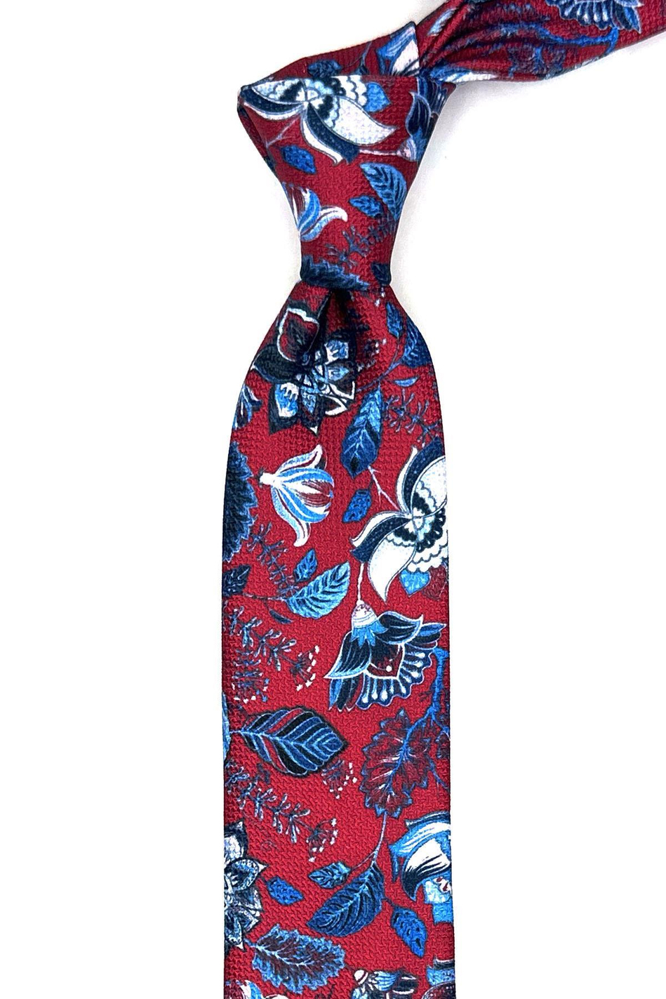 Kırmızı Çiçek Desen İnce Kravat SK7881