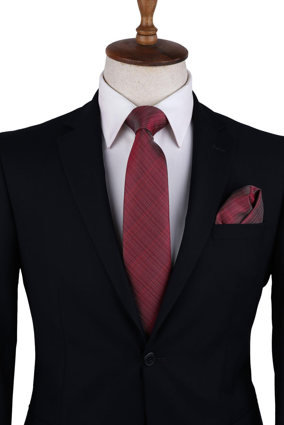 Kırmızı Kendinden Desen Mendilli Klasik Kravat KK10322