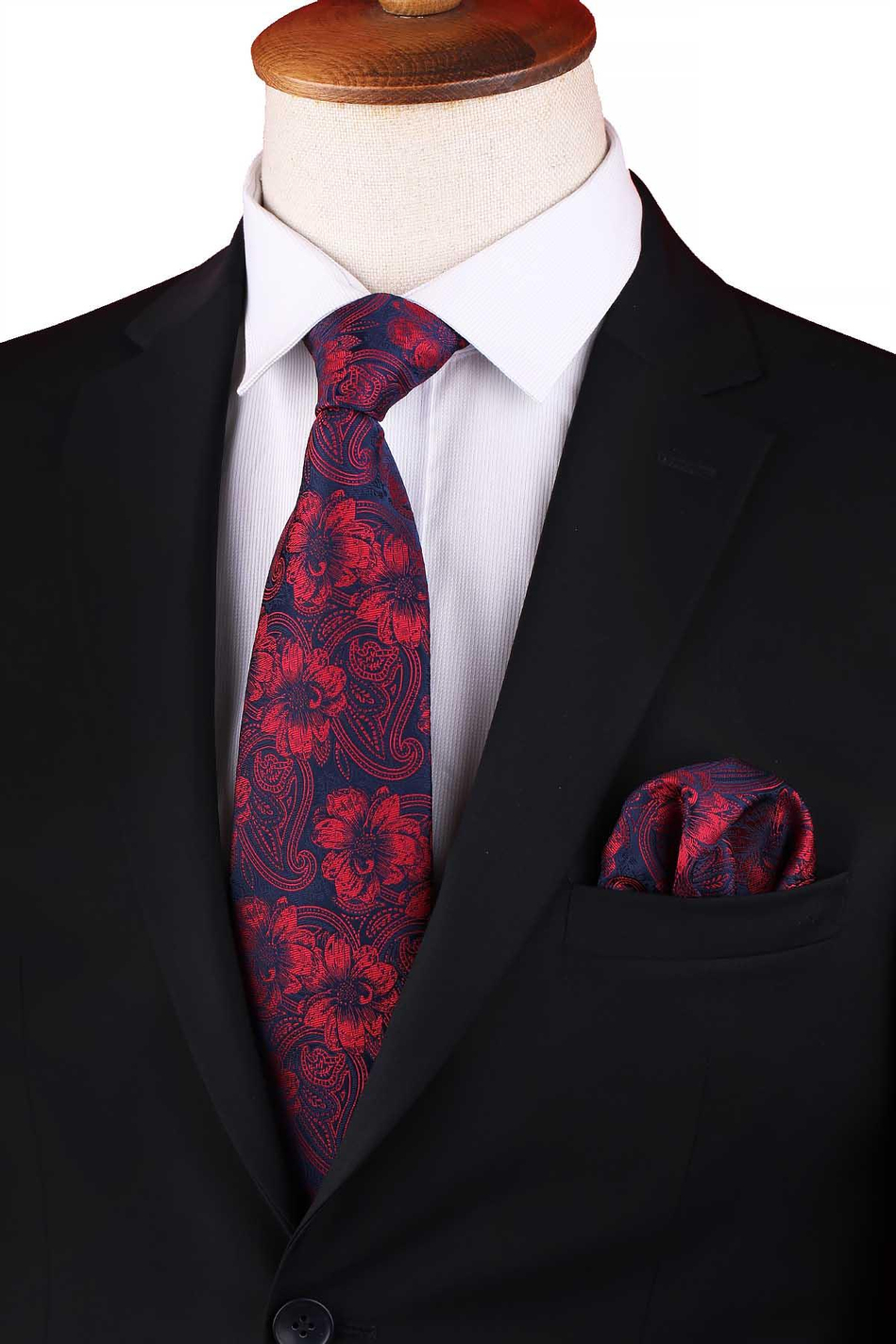 Kırmızı - Lacivert Çiçek Desen Mendilli Klasik Kravat KK12946