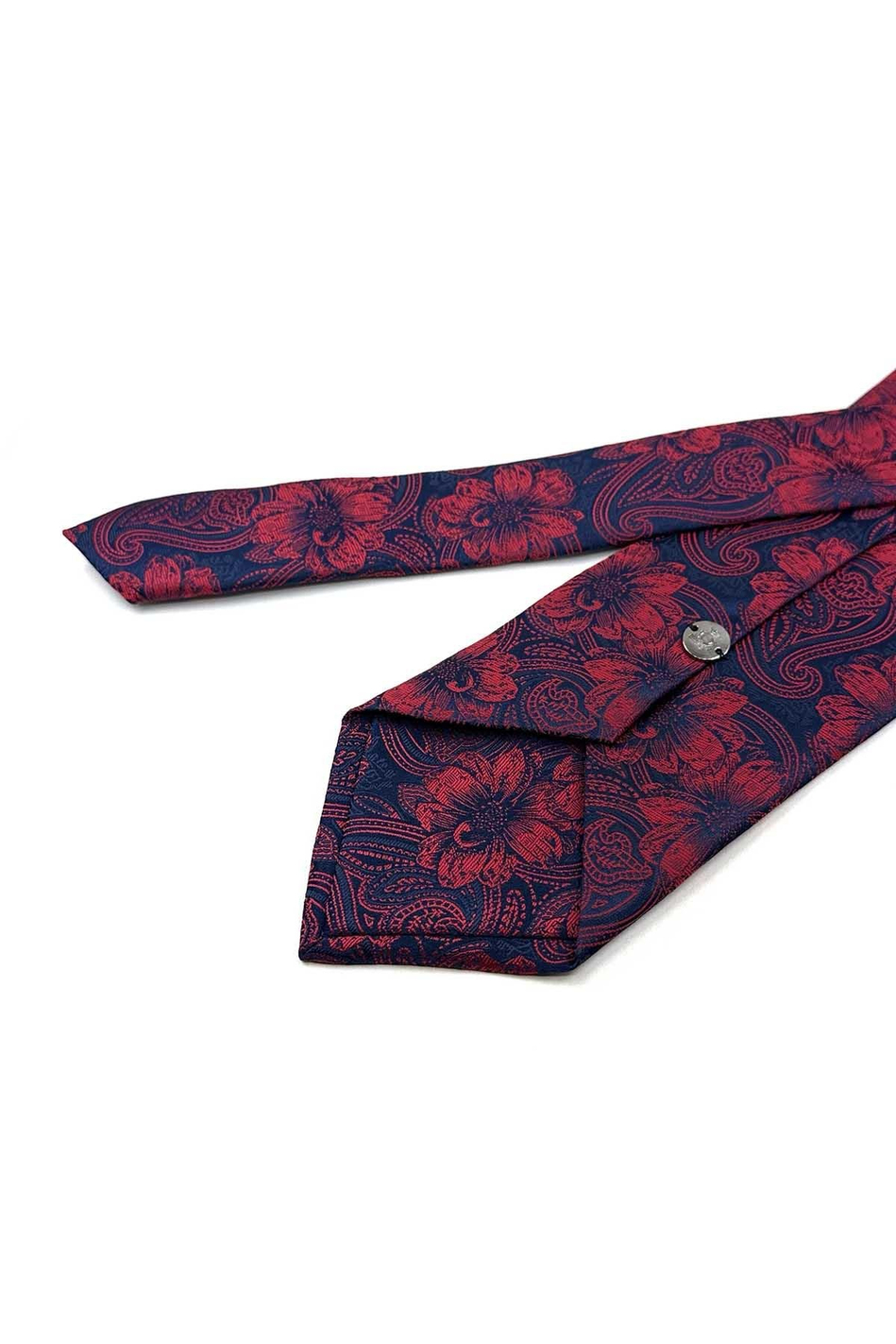 Kırmızı - Lacivert Çiçek Desen Mendilli Klasik Kravat KK12946