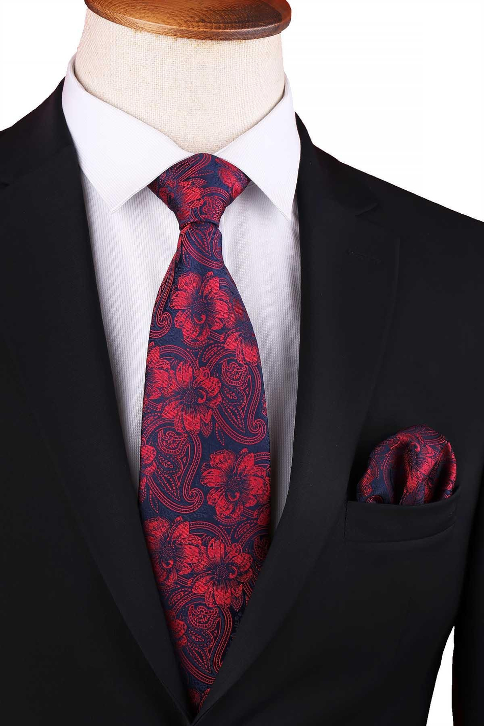 Kırmızı - Lacivert Çiçek Desen Mendilli Klasik Kravat KK12946