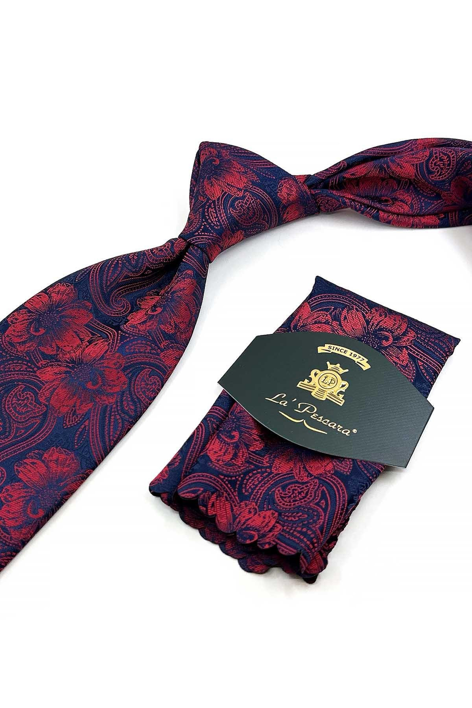 Kırmızı - Lacivert Çiçek Desen Mendilli Klasik Kravat KK12946