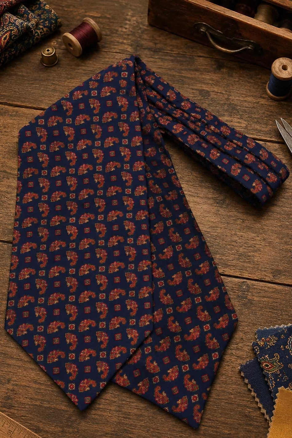 Kırmızı Lacivert Şal Desen İtalyan İpek Ascot Kravat SAC68