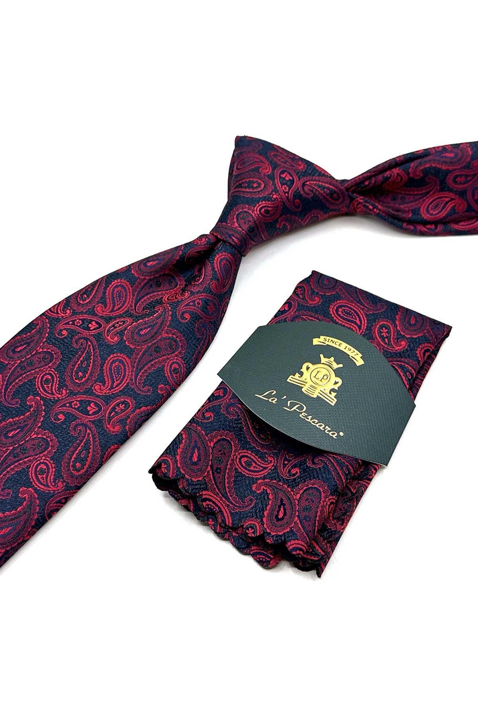 Kırmızı - Lacivert Şal Desen Mendilli Klasik Kravat KK12874