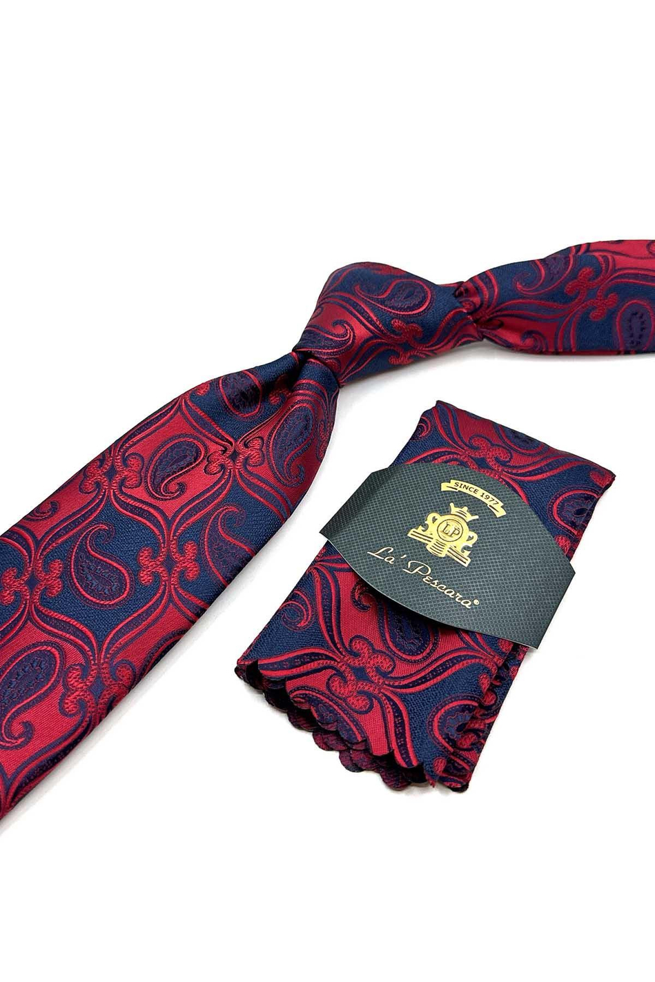 Kırmızı - Lacivert Şal Desen Mendilli Klasik Kravat KK12885