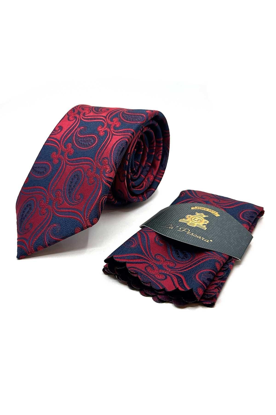 Kırmızı - Lacivert Şal Desen Mendilli Klasik Kravat KK12885